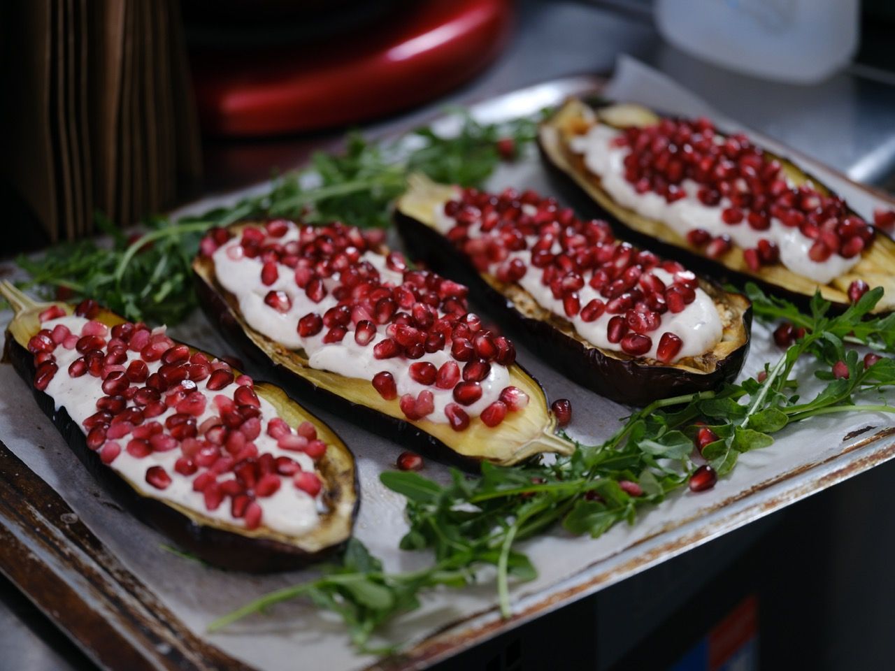 Aubergines rôties à la grenade par Grandeur Nature